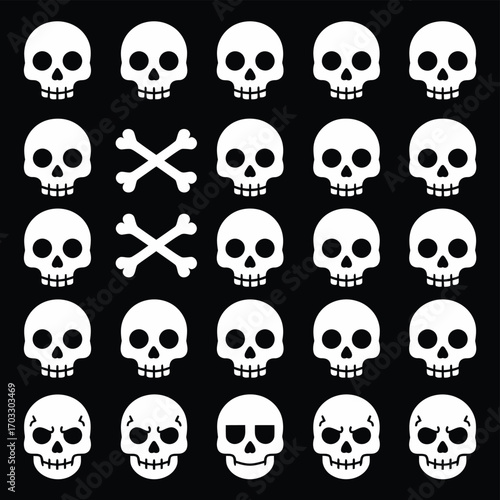A repeating pattern of white skulls and crossbones on a black background creating a spooky design