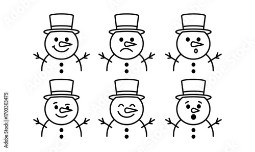 Set of six snowman faces with different expressions in black and white