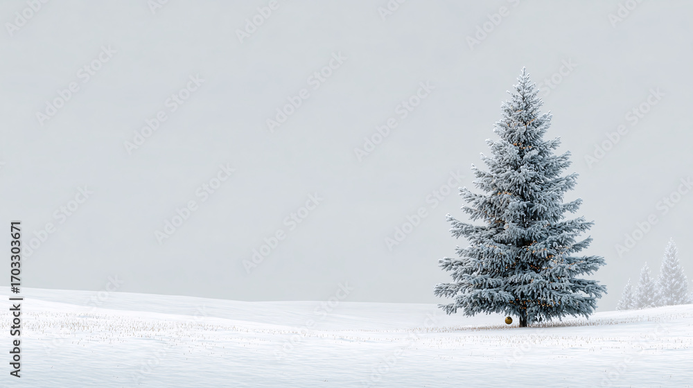 Fototapeta premium A solitary evergreen tree stands in a snow-covered landscape, evoking winter's serene beauty.