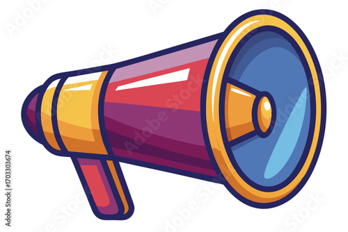 Colorful megaphone with yellow, red, and blue hues is placed against a stark white backdrop