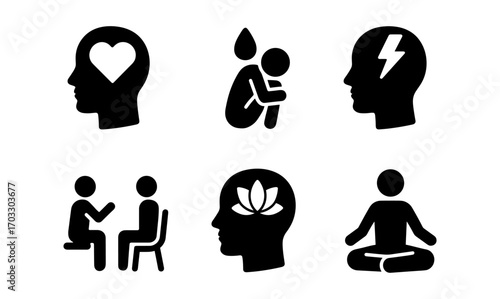 Mental health and wellness icons: therapy, meditation, emotional support symbols