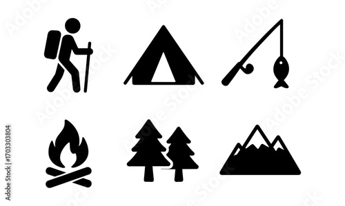 Silhouette icons of outdoor activities: hiking, camping, fishing, nature, and wilderness
