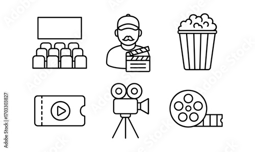 Cinema icons set: linear designs of movie theater, filmmaker, popcorn, ticket, camera, and film reel
