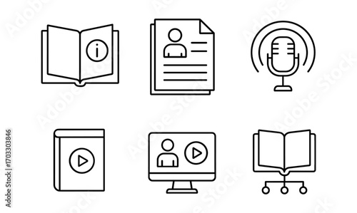 Linear icons for media and communication: book, profile, microphone, video, online learning