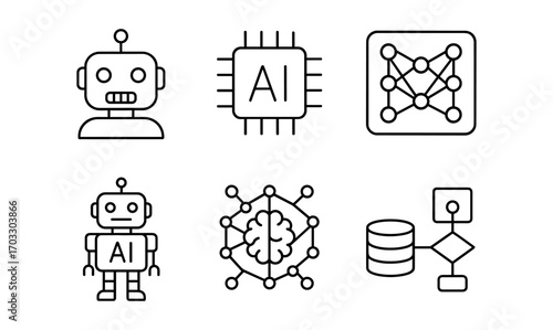 Linear ai icons: robots, neural networks, and data flow diagrams