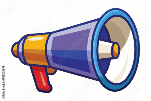 The colorful megaphone has a red handle and bold blue outline on white background