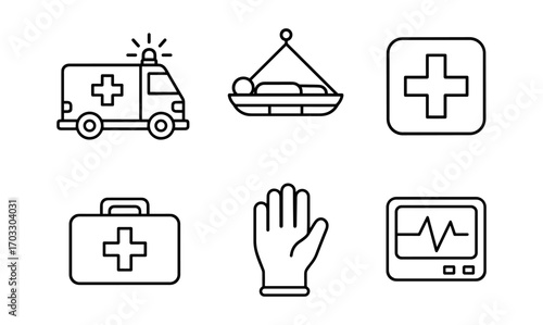 Emergency and medical icons set in linear style with ambulance and first aid symbols