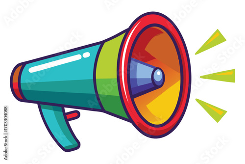 A colorful megaphone in turquoise, green, red, and yellow emits three lime green sound waves