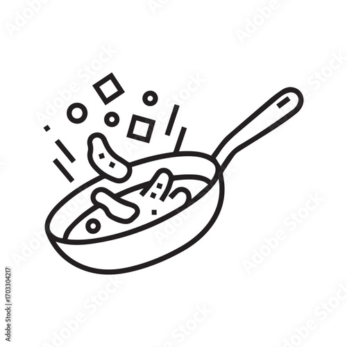 Stir fry cooking in a wok pan icon. Sizzling food preparation process. Black and white kitchen utensil line art vector illustration.
