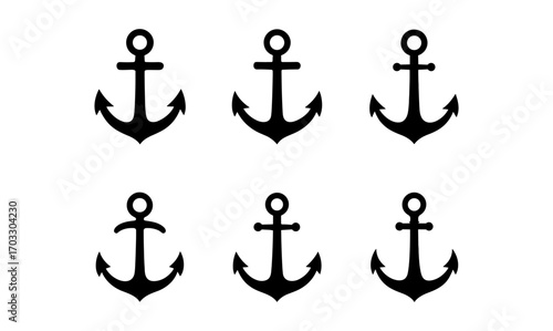 Set of black anchor icons in minimalist style for nautical designs