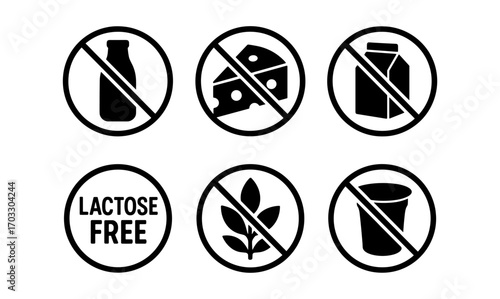 Lactose-free icons: milk, cheese, plant-based alternatives in black circles