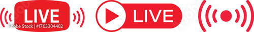 Live streaming button icon red broadcast symbol, vector illustration on transparent background, digital media, online streaming, live video, social media, technology interface