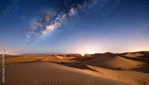 Vast desert dunes stretch under a star-filled night sky, with the Milky Way arching overhead and city lights in the distance