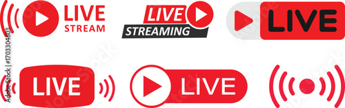 Live streaming icon. Red live buttons. Audience on live button. Social media livestream frame. Broadcasting, Online Video and Podcasts
