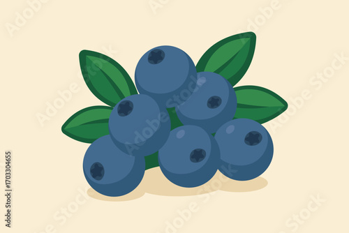 Illustrated Fresh Blueberries With Green Leaves on a Light Background