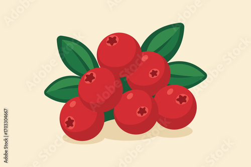 Illustration of bright cranberries with lush green leaves on a beige background