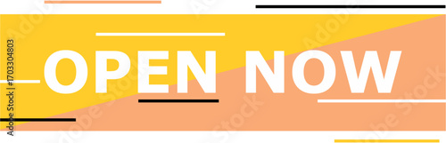 Modern 'Open Now' text on a colorful geometric banner for business promotion.