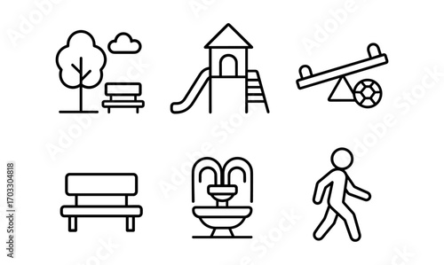 Minimalist park elements with playground and walking figure in linear style