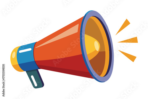 Colorful orange and blue megaphone broadcasts an announcement with vibrant yellow sound waves