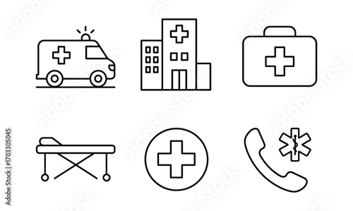 Linear medical icons set with ambulance, hospital, and healthcare symbols