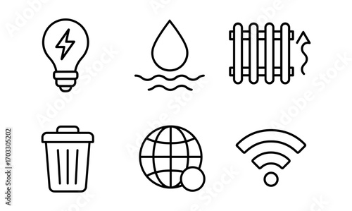 Linear icons: energy, water, heating, waste, global, wi-fi connectivity symbols