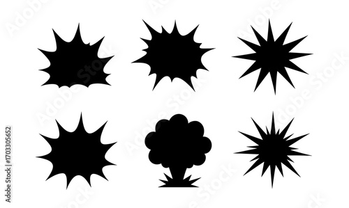 Silhouette comic explosion set with various starburst shapes