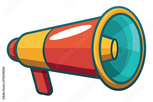 Colorful cartoon megaphone showcases vibrant orange, red, and turquoise shades against a white backdrop