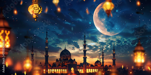 Magical night with crescent moon, stars, and glowing lanterns over a mosque