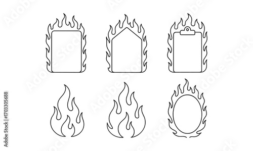 Outlined fiery icons with burning frame and flame elements in minimalist style