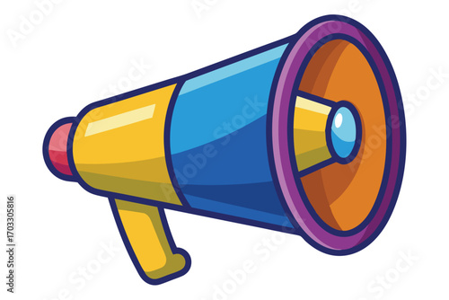 Vivid megaphone with yellow, blue, and orange hues stands alone in a presentation