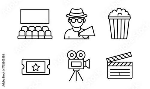 Linear icons of cinema and filmmaking elements including director, camera, and popcorn