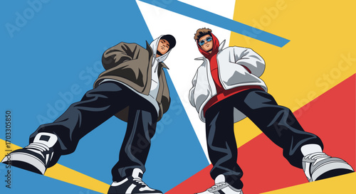 A retro graphic illustration of two stylish friends in vintage urban fashion, seen from a dynamic low angle perspective