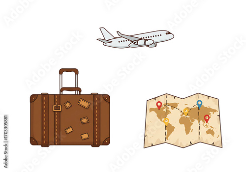 Minimal travel icons, suitcase, airplane, map, isolated vector.