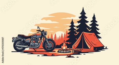 Vintage Camping Adventure Retro Motorcycle, Tent, and Bonfire in the Woods