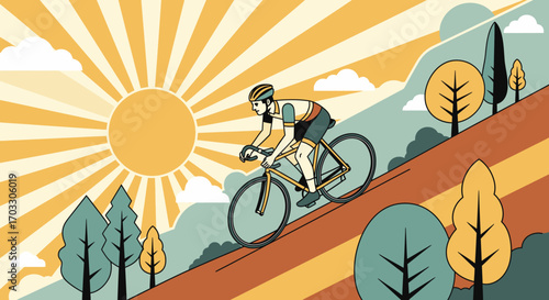 Retro vintage cycling adventure up a hill during a sunny day with stylized trees and sunbeams, celebrating healthy lifestyle and outdoor recreation