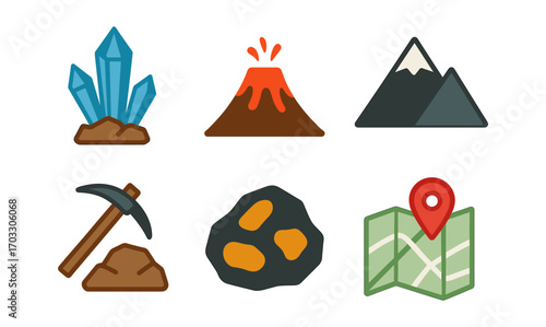 Geology icons set: crystals, volcano, mountains, pickaxe, rock, map pin