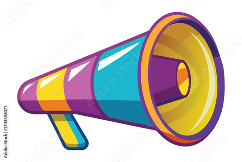 Colorful megaphone has bright yellow, blue, orange, and purple stripes with dark borders for emphasis