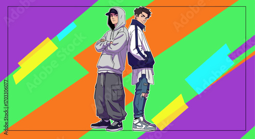 Retro Vintage Style Duo Two young men in stylish urban streetwear, embracing a cool, modern aesthetic with a nod to past trends