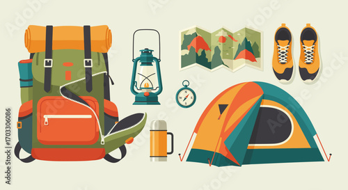 Vintage Retro Camping Gear Backpack, Lantern, Tent, Map, and Essentials for Outdoor Adventure