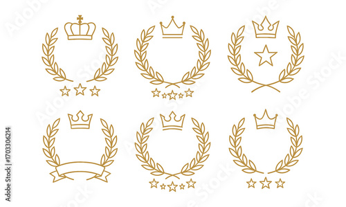 Elegant linear laurel crests with crowns and stars for award designs