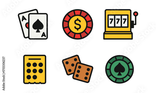 Casino game icons set with cards, slot machine, dice, and chips