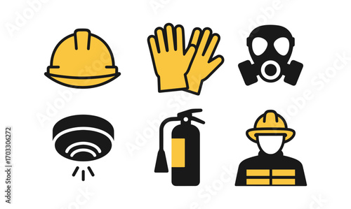 Safety equipment icons in flat design: helmet, gloves, gas mask, fire extinguisher, smoke detector