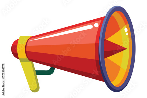 A red and orange cartoon megaphone features vibrant colors and dynamic design elements for communication