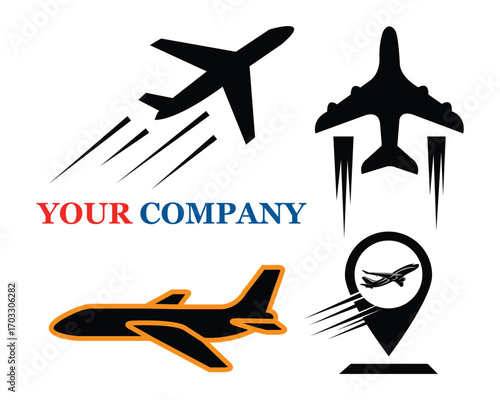 Vector set of airplane and travel icons including jet, aircraft, and flight symbols for transportation and aviation design