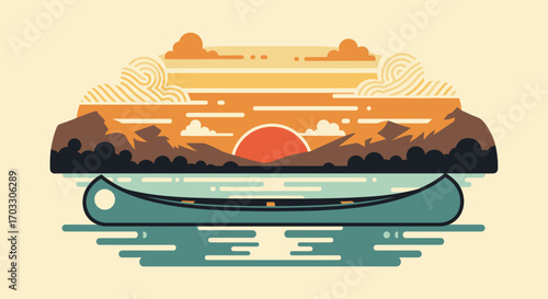 Retro vintage canoe on serene lake at sunset with abstract mountain and cloud illustration