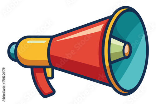 Red, yellow, and blue megaphone is ready for announcements with a bold dark outline