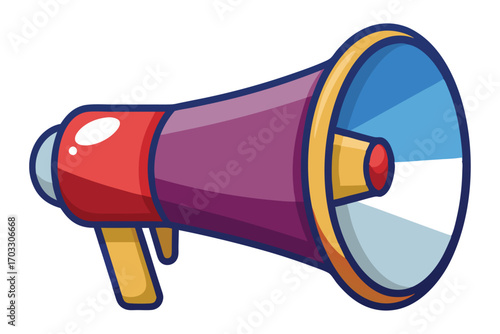 A colorful cartoonish megaphone features red, purple, blue and gold, outlined in blue