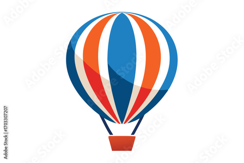 Blue, orange, and white striped hot air balloon floats with a brown basket
