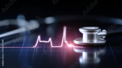 A sleek stethoscope rests on a digital heartbeat monitor. This image captures the essence of modern medical technology in a striking and engaging manner. Perfect for health-related content. AI
