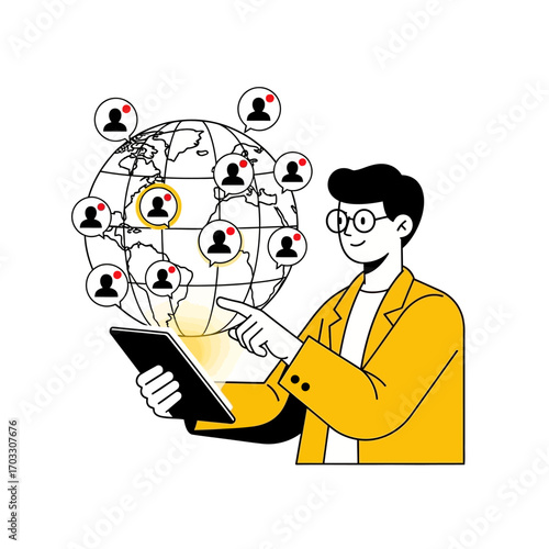 Man interacting with global network of people on tablet